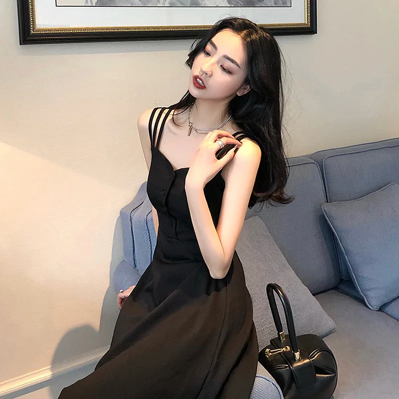 

High Quality Black Elegant Slimming Waist-fitted Long Dress Women's Gentle Style Tank Top Dress Summer Forest System Super Fairy