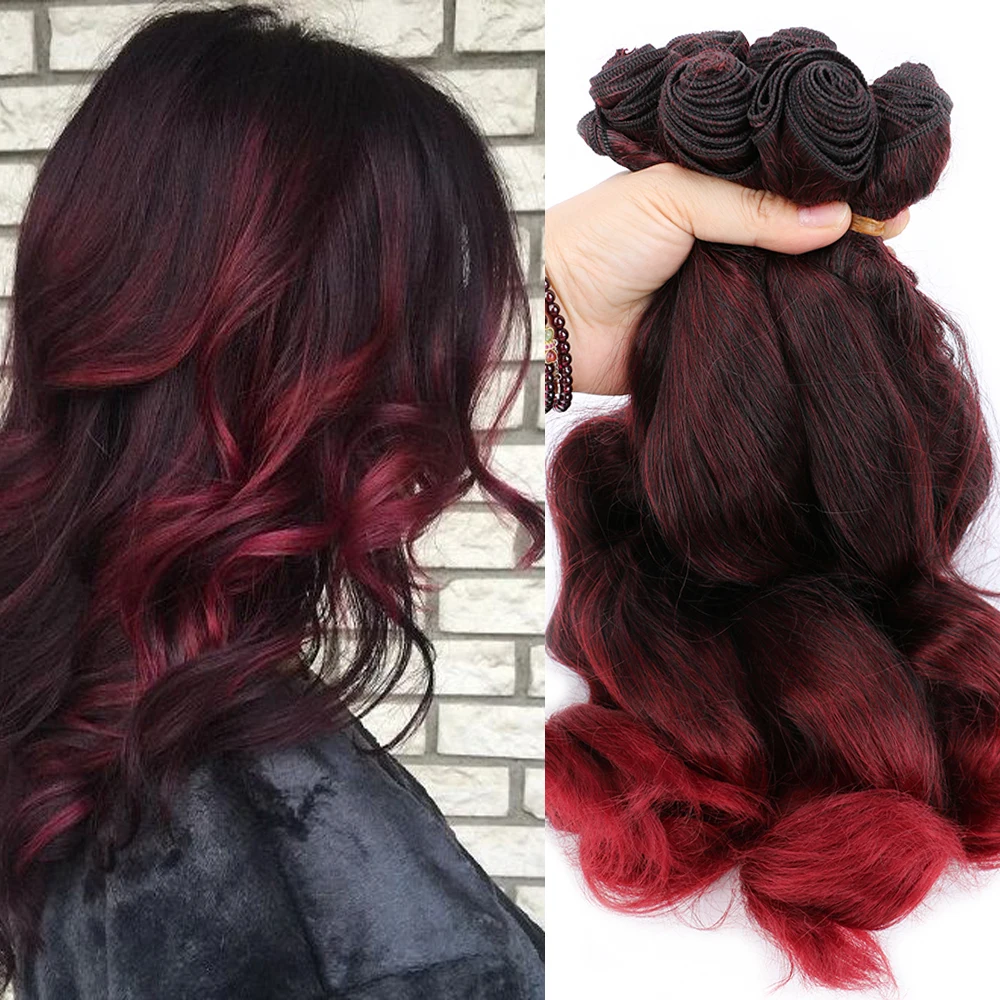 Full Star Ombre Wavy Hair Loose Wave Hair Weft Synthetic Hair 6Ps/Lot Bundles Black Ombre Burgundy Color Wavy Hair Extensions