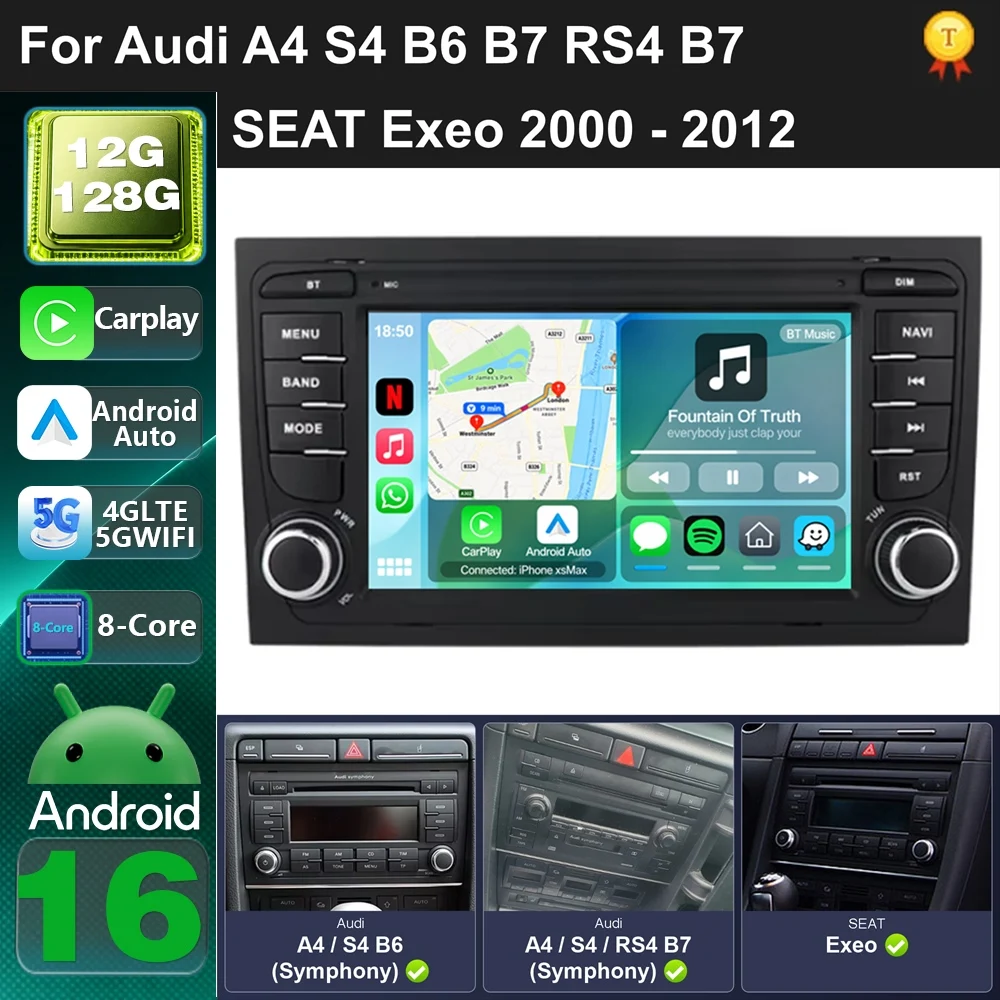 Car Radio Android 16 For Audi A4 S4 B6 B7 RS4 B7 SEAT Exeo 2000-2012 carplay auto dsp bt 4g