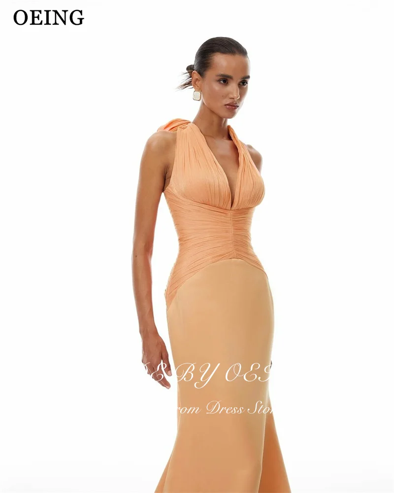 OEING-vestidos de noche elegantes de sirena, vestidos formales hasta el suelo con pliegues y cuello en V, vestidos formales de Gala personalizados