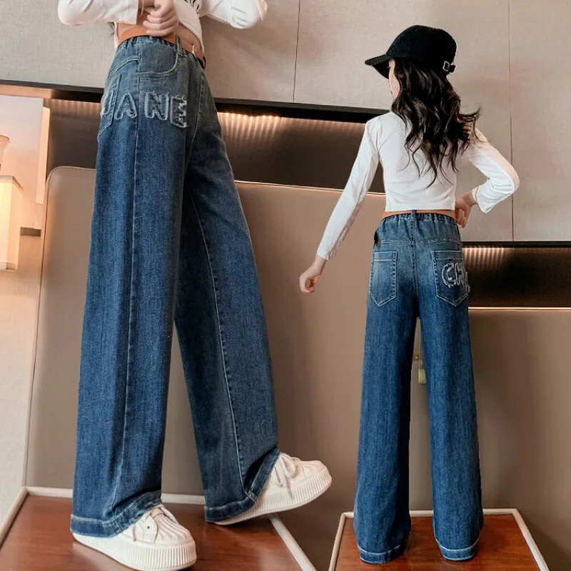 

Girls Jeans Spring Fall Fashion Letter Children Wide Leg Pants Loose Straight Kids School Casual Trousers Teens Clothing 5-14 Y