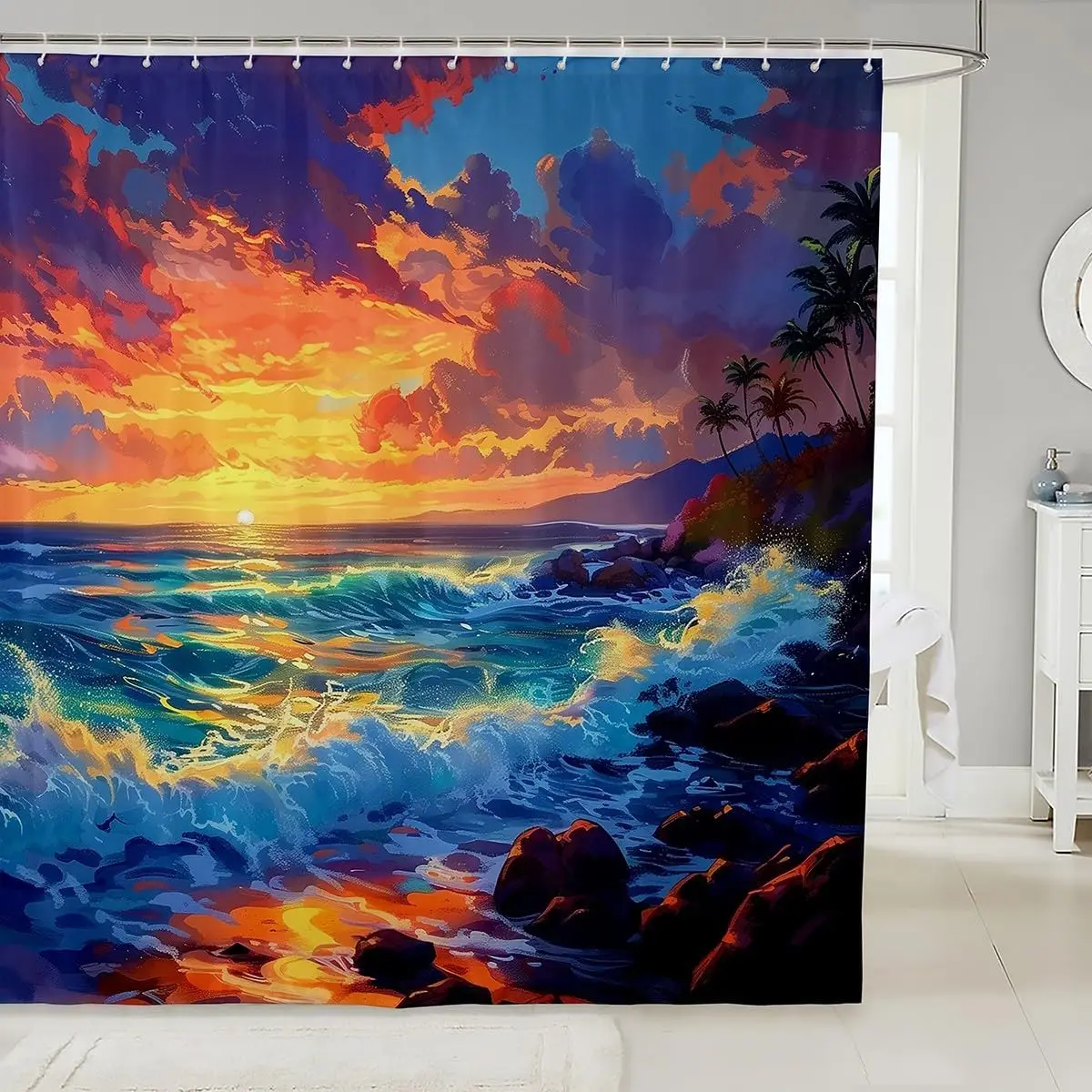 Dramatic Sunset Beach Ocean Shower Curtain Waterproof Tropical Seascape Bathroom Decor Art Home Shower Liner Vibrant Coastal Wat