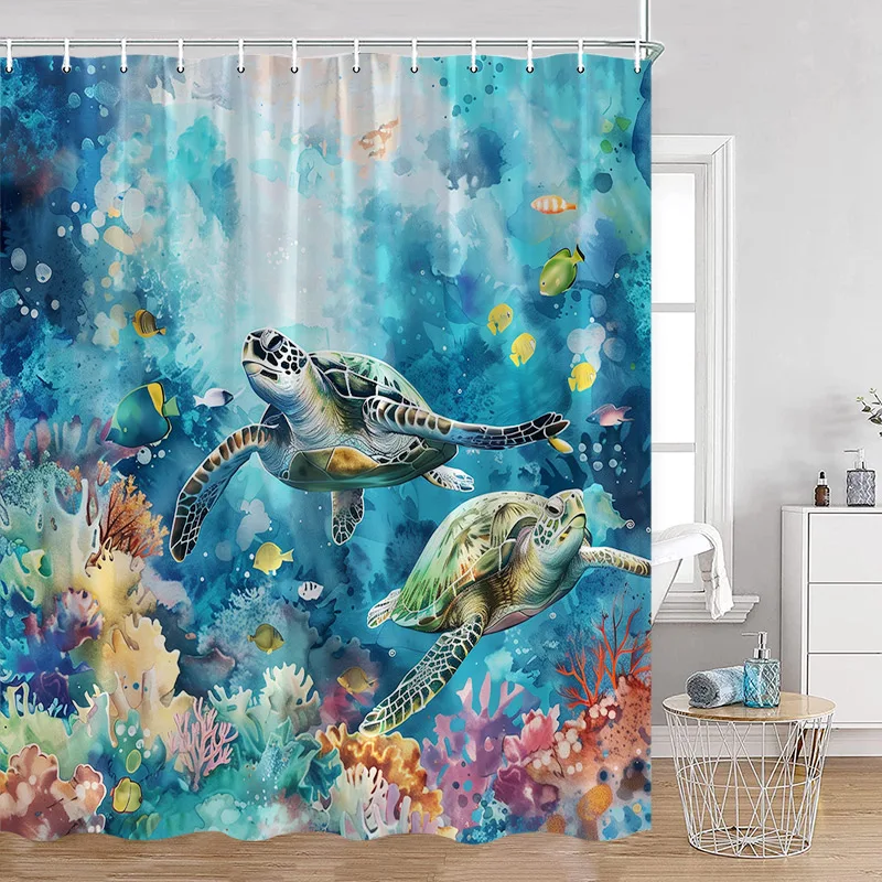 Blue Sea Turtle Shower Curtains Watercolour Starfish Fish Seagrass Ocean Bath Curtain Set Fabric Home Bathroom Decor with Hooks