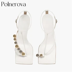 Asymmetric Square Toe Sandals T-Straps Stiletto Heels Silver and Gold Metallic Beads Summer Shoes for Women Custom Handmade Heel