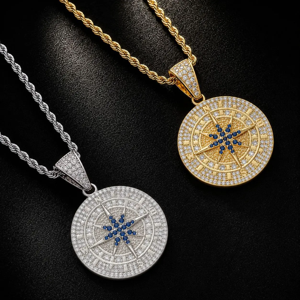 Hip Hop Iced Out Compass Pendant Necklace Brass Inlaid Full Cubic Zirconia Retro Vintage Compass Trendy Street Rapper Jewelry Gi