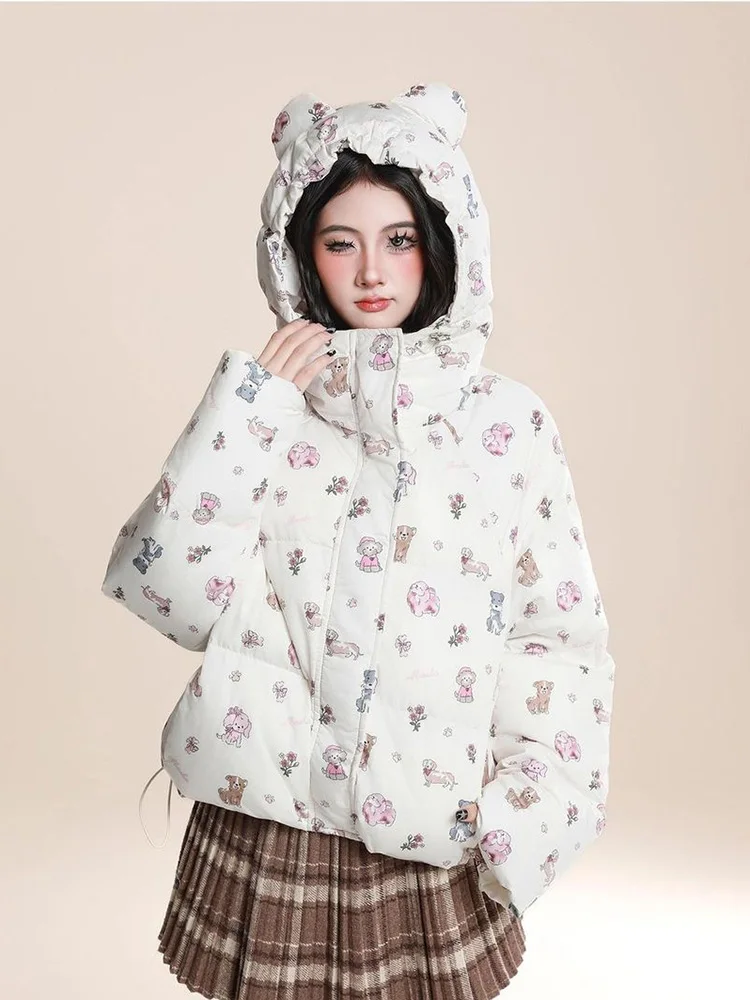 

Милые парки с мультяшным принтом, женские винтажные теплые зимние милые пышные пальто, толстая корейская женская куртка с длинным рукавом в консервативном стиле с капюшоном