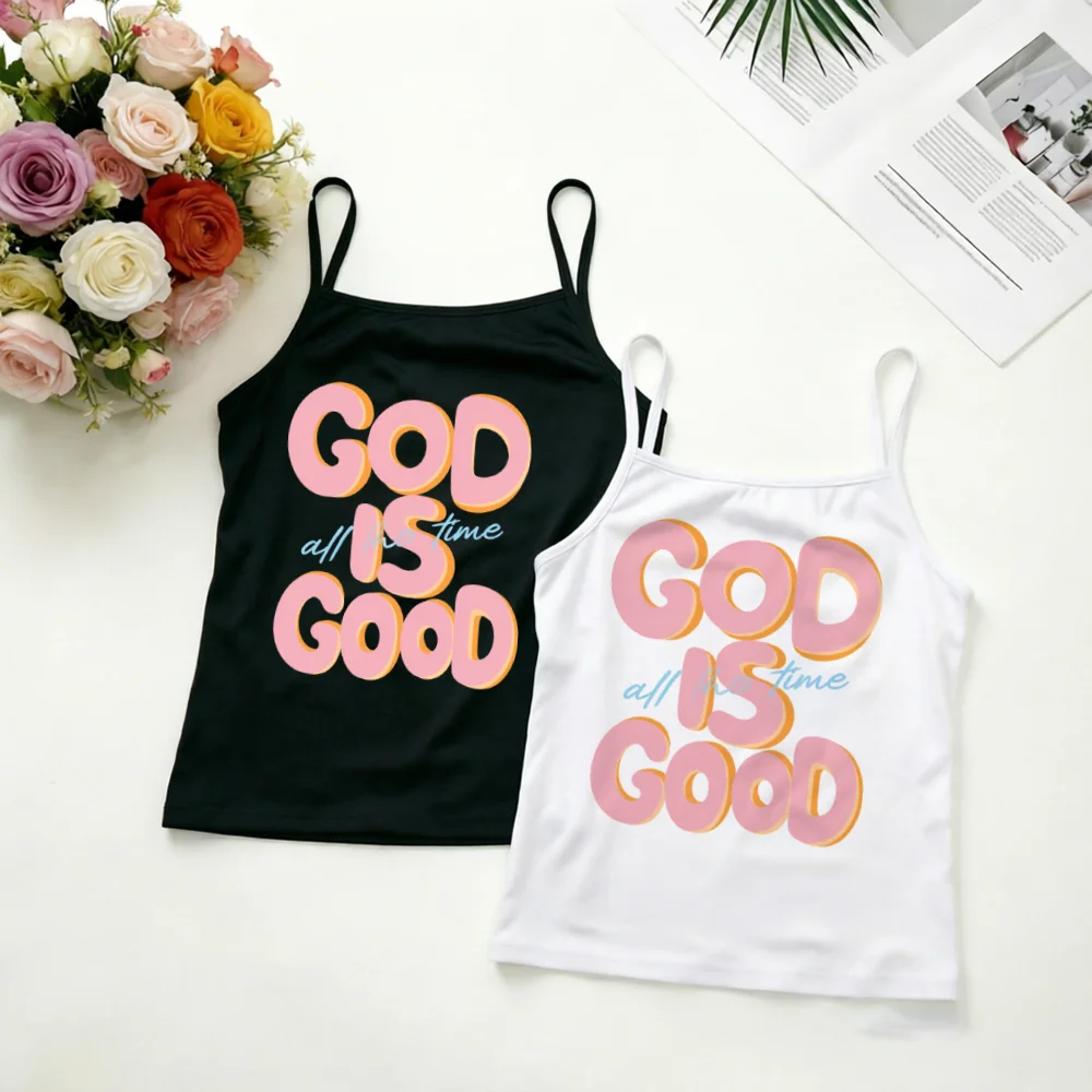 Christian Faith Women Tank Top Cute Pink Orange 3D God Is Good Text Graphic Spaghetti Strap Camisole Slim Summer Sleeveless Vest