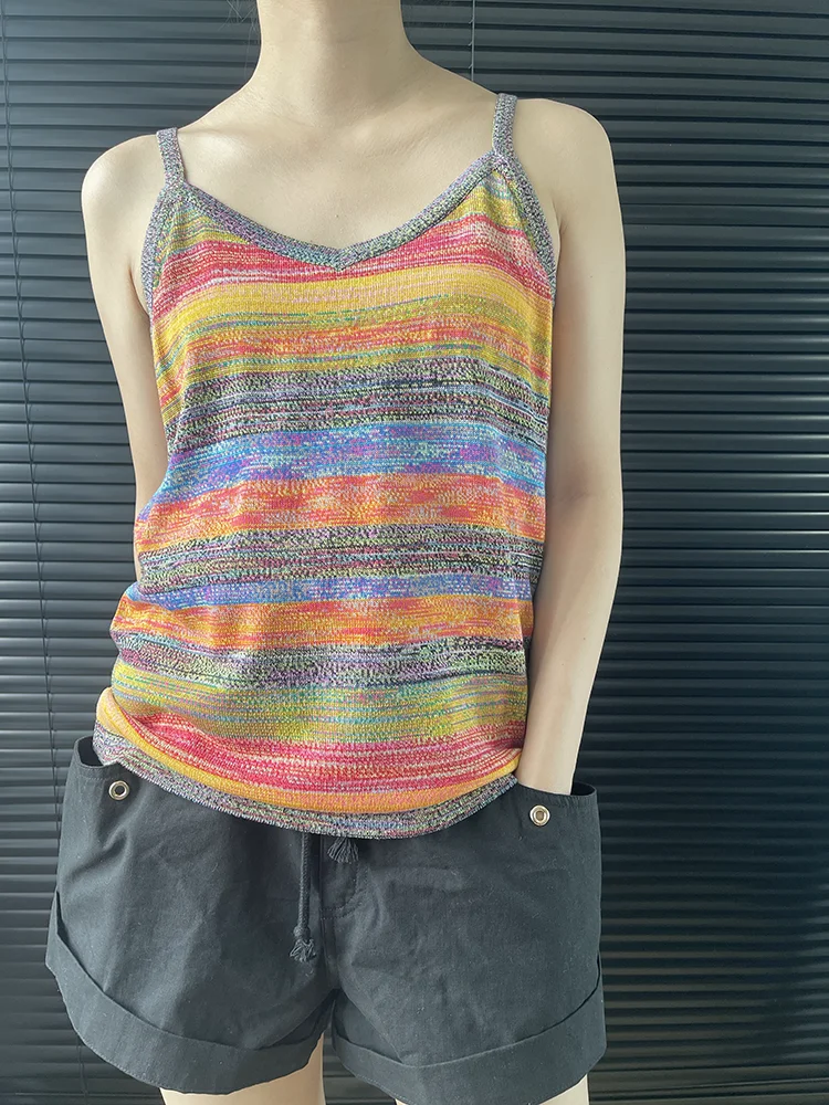 Rainbow Striped Sweater Cami High Quality Knit Vest Dopamine Tank Top Sleeveless Holiday 2024 Summer New in Woman Clothing