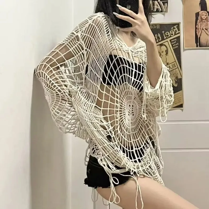 Hollow Knit Hooded Top Y2k Clothes Spider Web Spice Girl Mesh Pullovers Thin Women Korean Fashion Fishing Net Sweaters Gothic