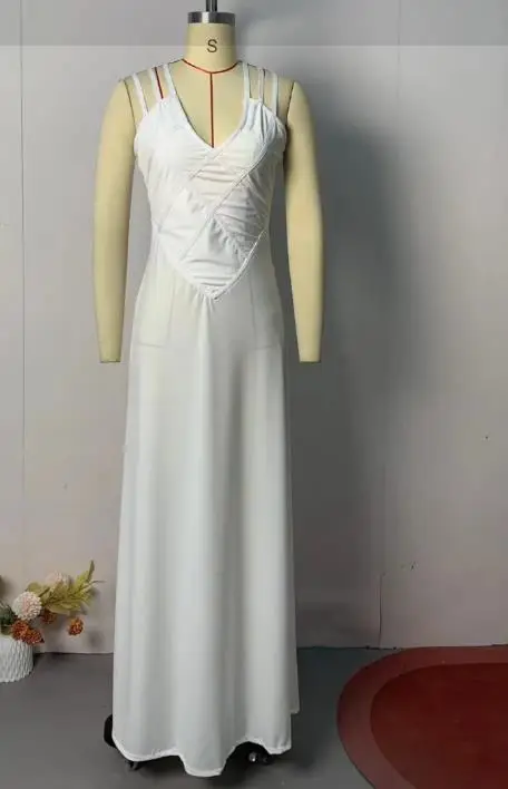 

Summer New Solid Color V-Neck Sleeveless Suspender Waist Cinched Slightly Transparent Dress for Women, Elegant and Sexy Dress