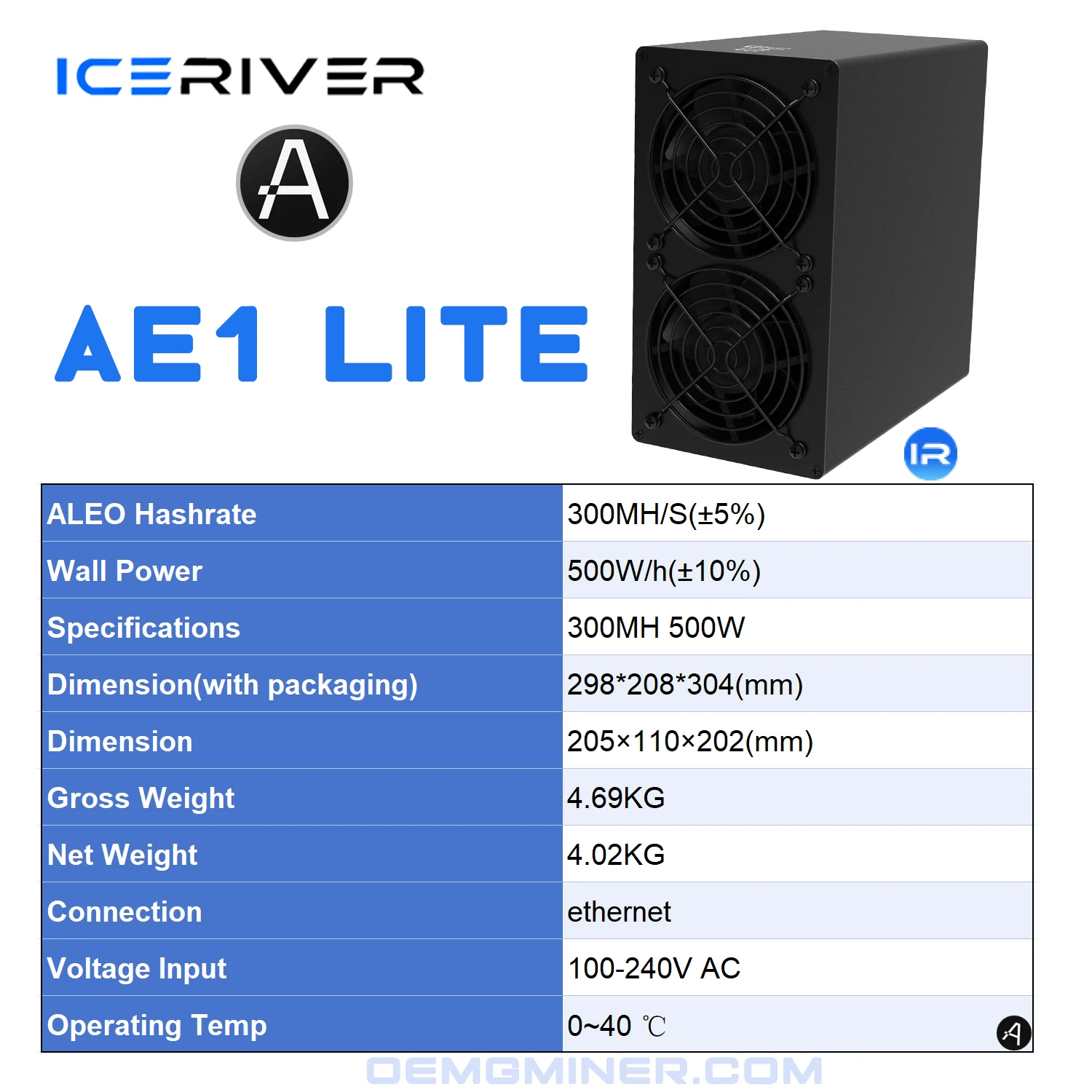 ICERIVER AE1 LITE 300MH/S 500W Mining ALEO Asic Miner Aleo Macchina mineraria domestica con alimentatore