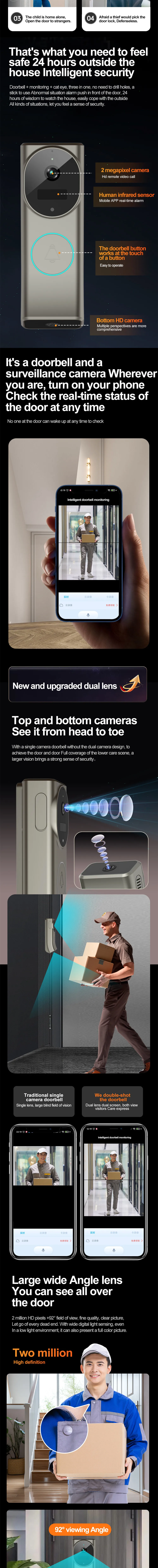 4MP UHD  Dual Lens Low Comsunption Wireless WIFI IP Doorbell Visual Door Phone Intercom Peephole Viewer Door Camera