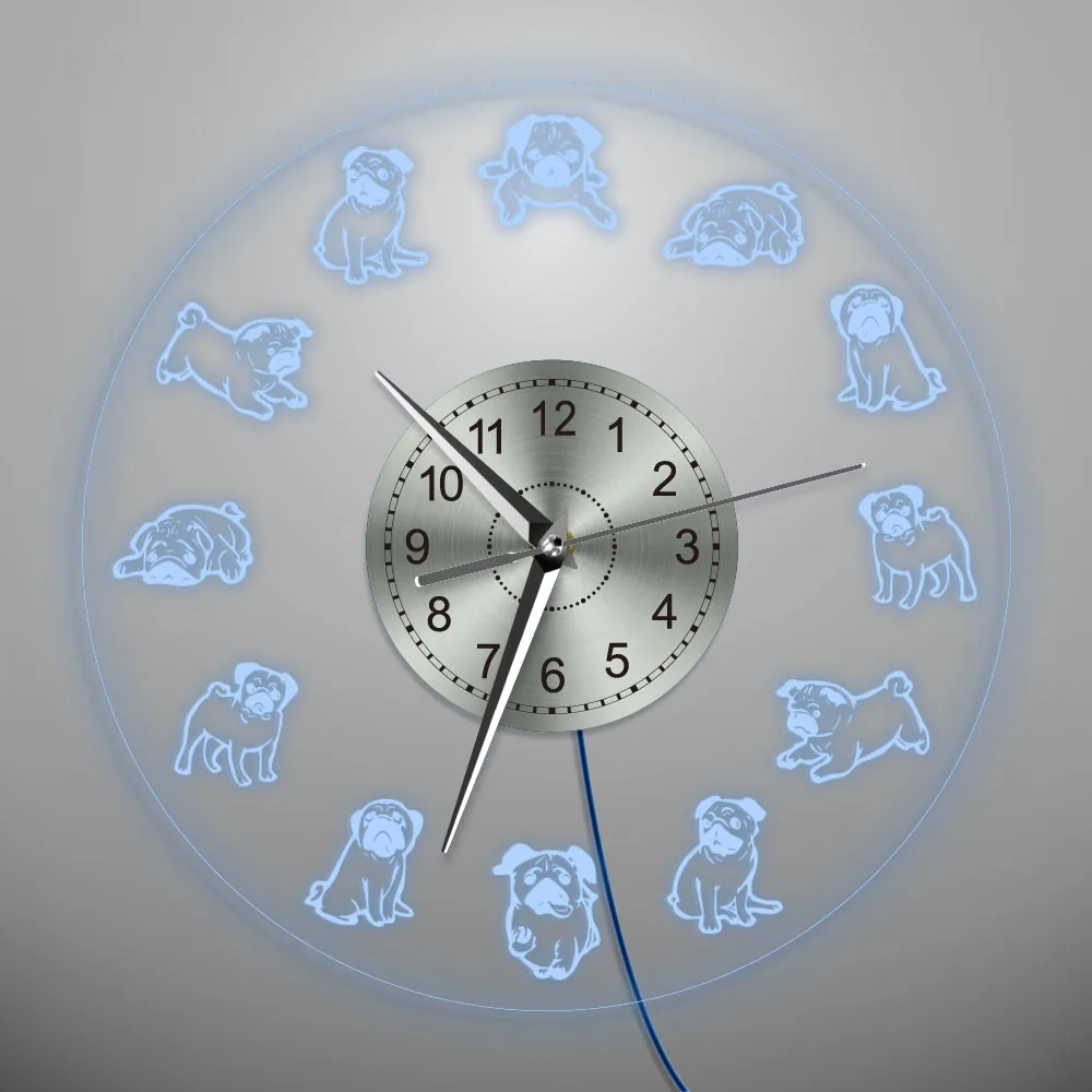 Cartoon Pug Dog LED Neon Sign Wall Clock Puppy Pet Home Decor Wall Watch Luminous Lighted Acrylic Quartz Clock Pug Lover Gift