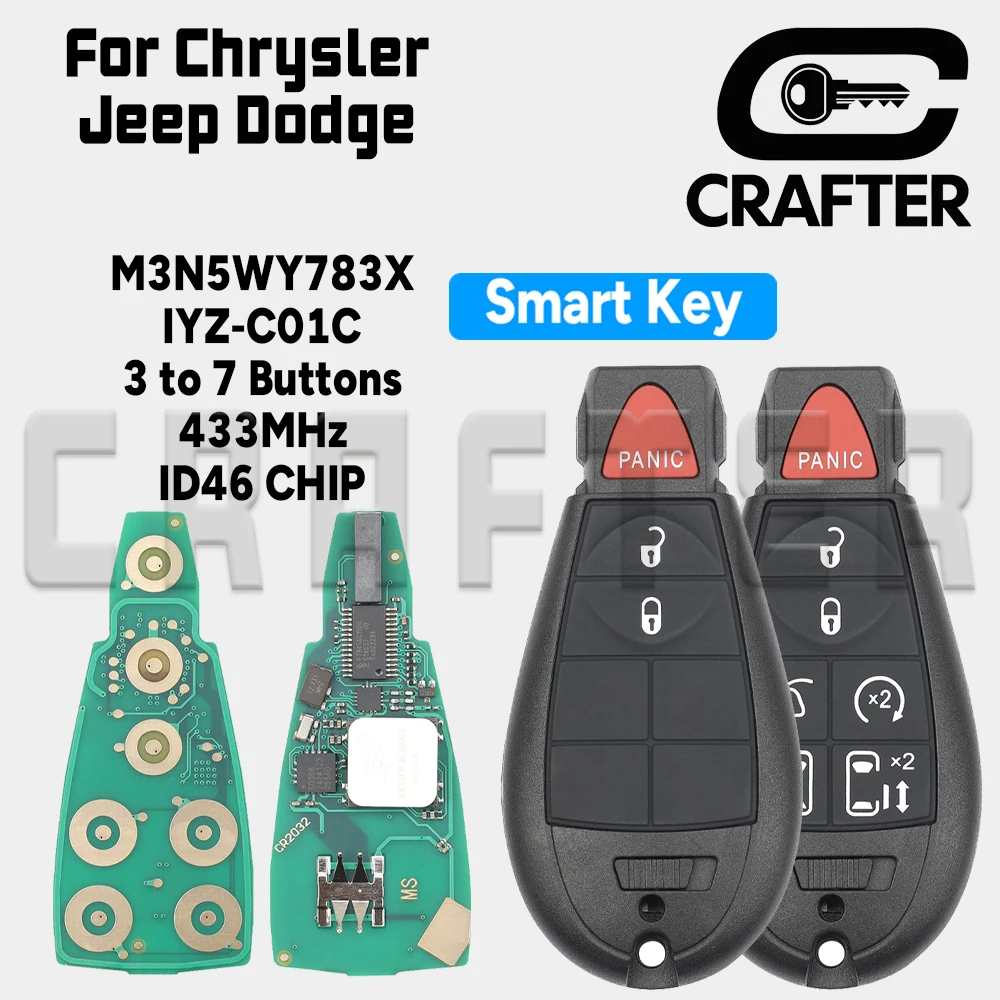 

Key Crafters Smart Card Key M3N5WY783X/IYZ-C01C ID46 Chip 433MHz For Chrysler Town & Country Jeep Dodge Keyless Go System