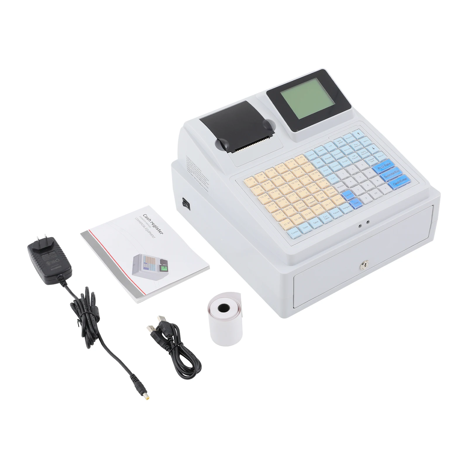 Cash Register with Cash Drawer & Printer, Dual Displays LCD Front LED Rear, Counterfeit Detection 81 Key POS System for Retail Store Cafe
