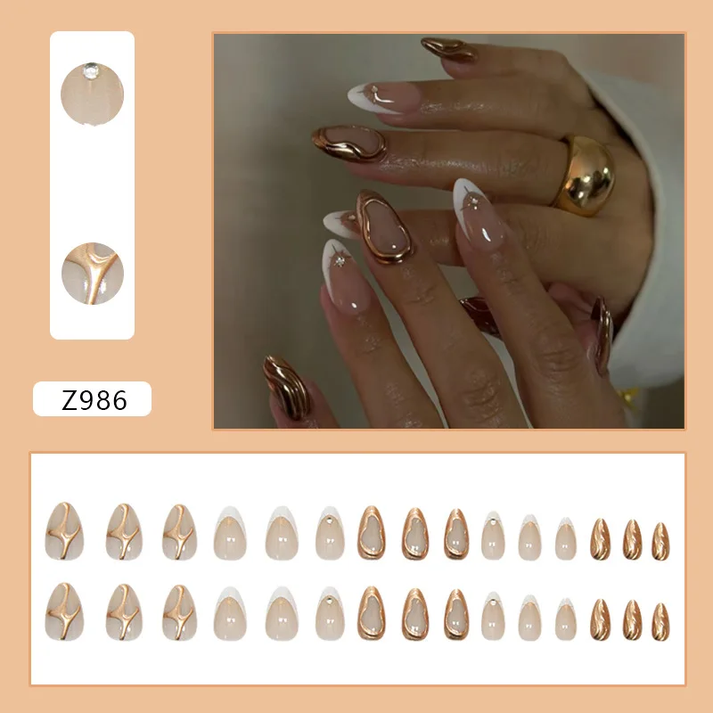 24 ชิ้นขนาดกลางสั้นชุดเล็บปลอมอัลมอนด์เล็บปลอมสีขาวภาษาฝรั่งเศสคํา 3d Aesthetic กดบนเล็บประดิษฐ์เล็บ 2025