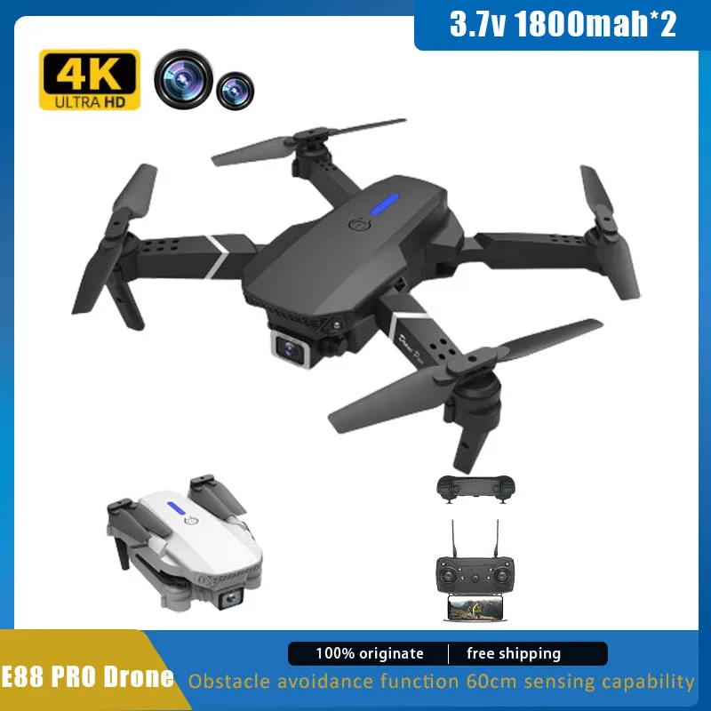 E88 Pro Brushless Motor RC Drone, Câmera Dupla 4K, Fluxo Óptico, Helicóptero Dobrável, Aeronave Quadcopter, 2 Baterias, 1080p