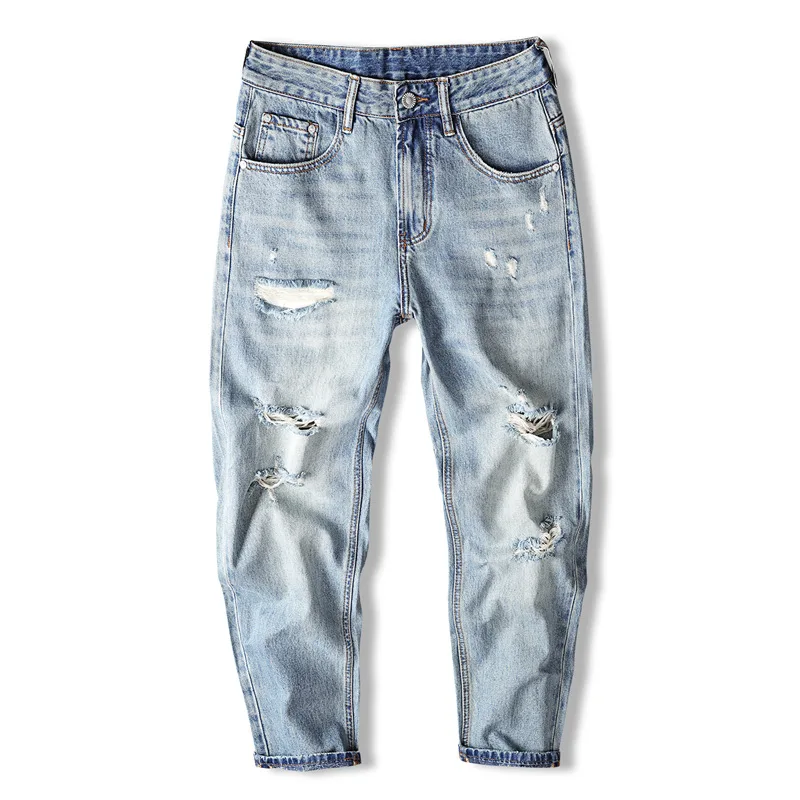 الربيع والخريف السراويل الدنيم الرجالية العصرية مع ثقوب مكسورة، الحنين الرجعية، السراويل الدنيم العصرية الشارع