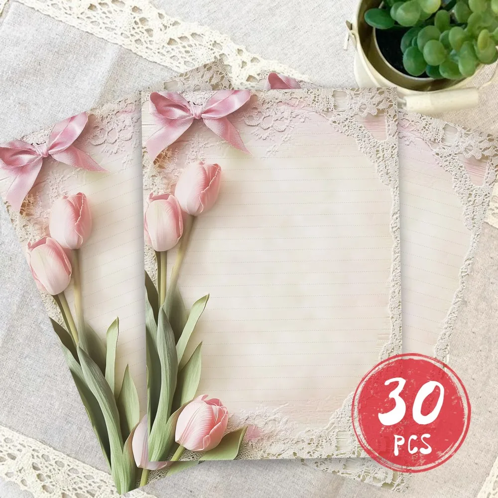 30 Blatt B5-Schreibpapier mit Spitzen-Tulpenmuster, mit Linien, ohne Klebstoff, geeignet für Notizbücher, Memo-Blöcke und Notizen. – Detail 4