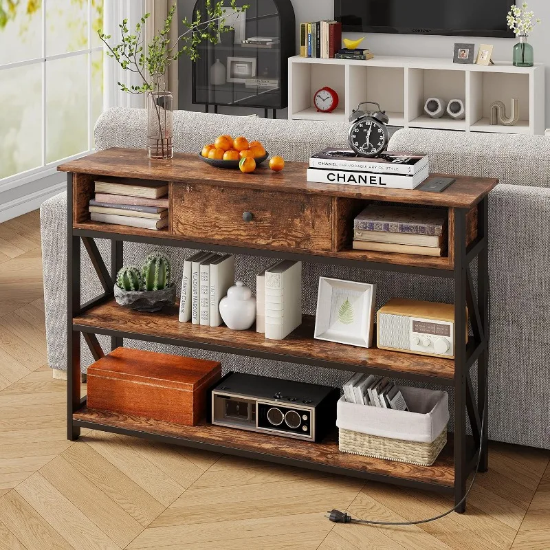 47 Inch Console Table with 2 Outlet and 2 USB Ports, Entryway Table with Drawer and Storage Shelves, Narrow Sofa Table