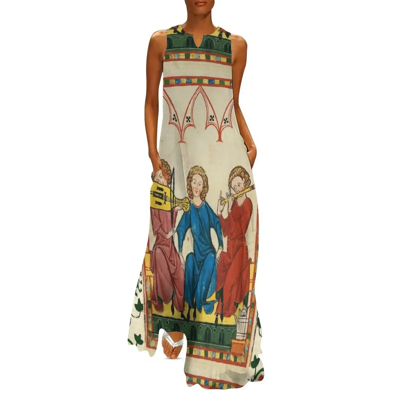 

MEDIEVAL MUSIC AND MUSICIANS ,ANTIQUE MINIATURE WITH WILD ROSES Long Dress elegant women's sets Dress