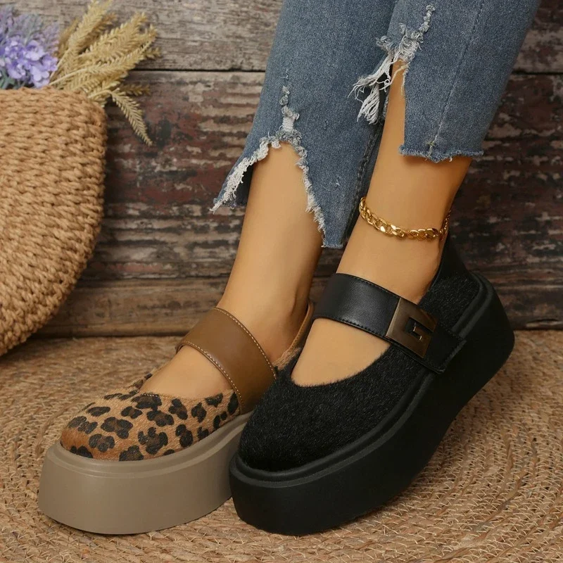 Zapatos informales y versátiles con estampado de leopardo para mujer, zapatos de plataforma con punta redonda, antideslizantes, suela gruesa, aumento de altura