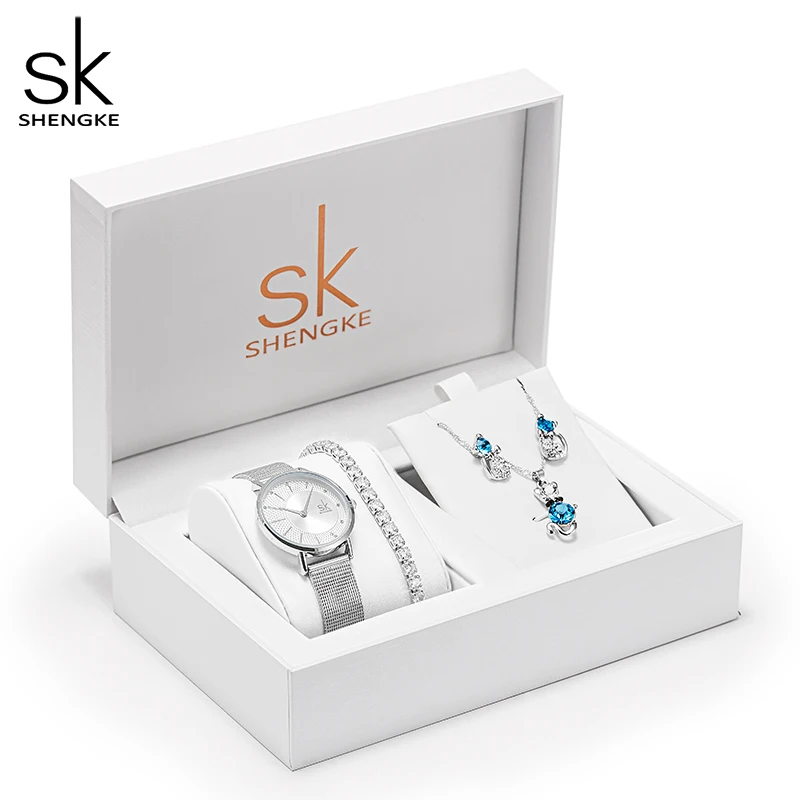 Shengke-Conjunto de relojes con caja de regalo para mujer, elegante reloj con Collar, pendientes, anillos, accesorios, reloj de cuarzo japonés