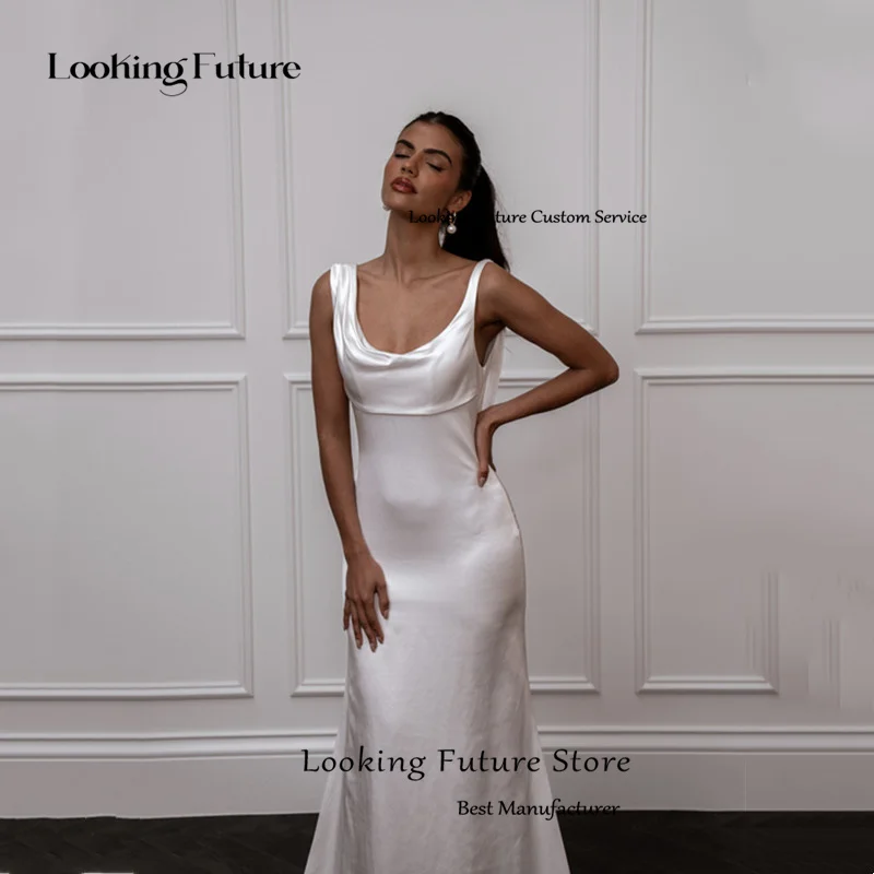 Simple Mermaid Satin Wedding Dress Elegant Sleeveless Pleat Spaghetti Straps Bridal Gowns Sexy Backless Square Collar Customized