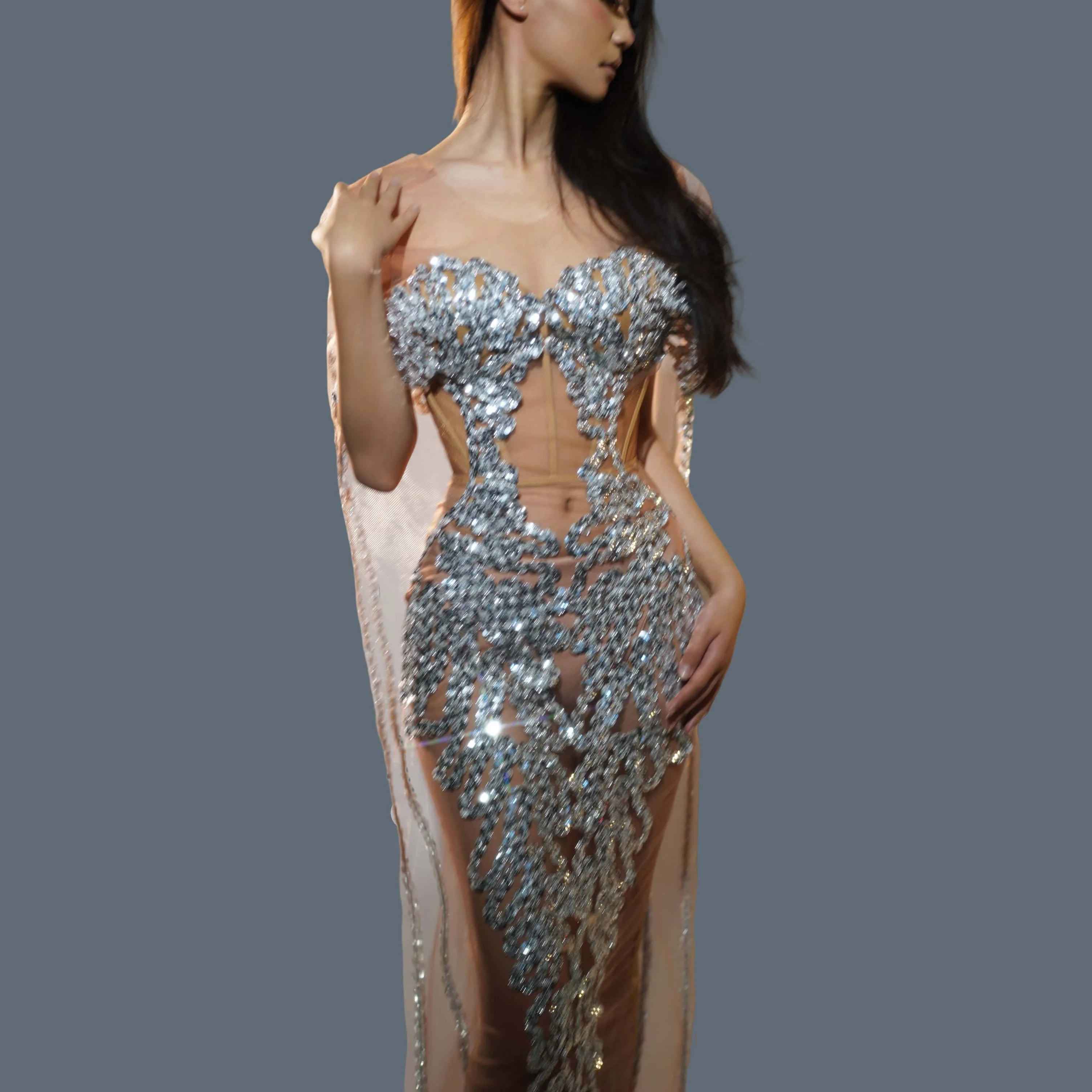 

Women's Sequins Mesh See Through Cape Long Gown Birthday Party Skinny Evening Dress Photo Shoot Club Stage Show Sexy Wear Yemai