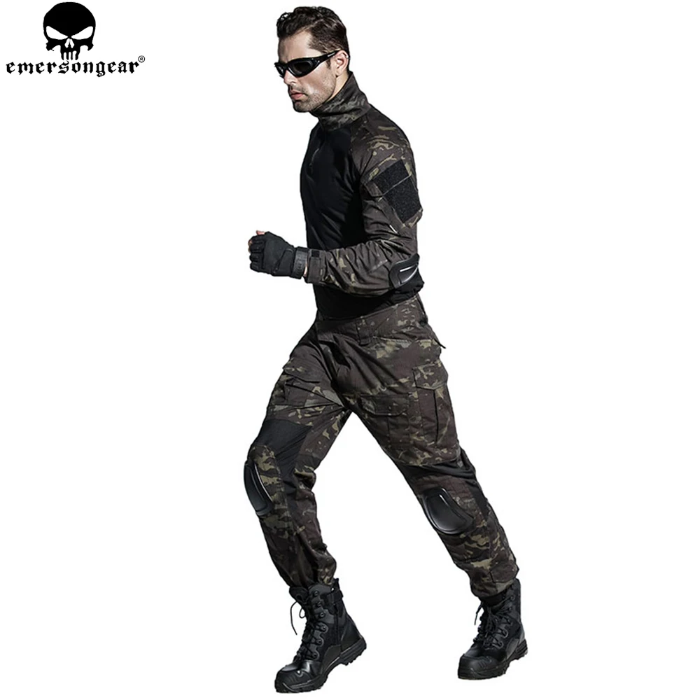 EMERSONGEAR Airsoft BDU Tactical Uniform Combat Shirt Pants with Elbow Knee Pads  Hunting Clothes Multi-camo Black EM6971