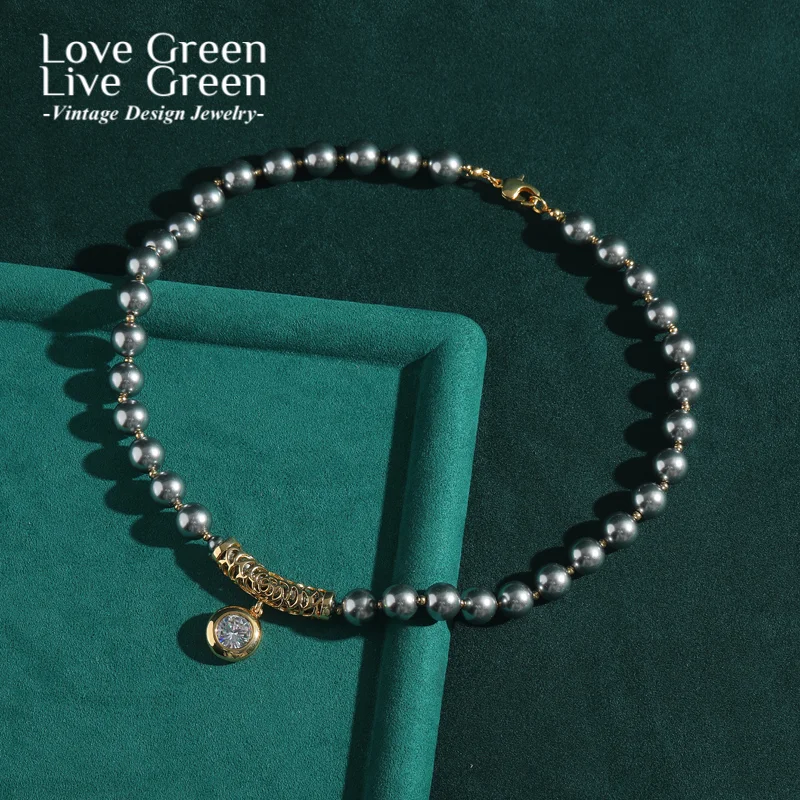 

Vintage Gray Pearl Necklaces For Woman Zircon Pendant Valentine Day Statement Luxury Designer Jewelry Wedding Accessories 56cm