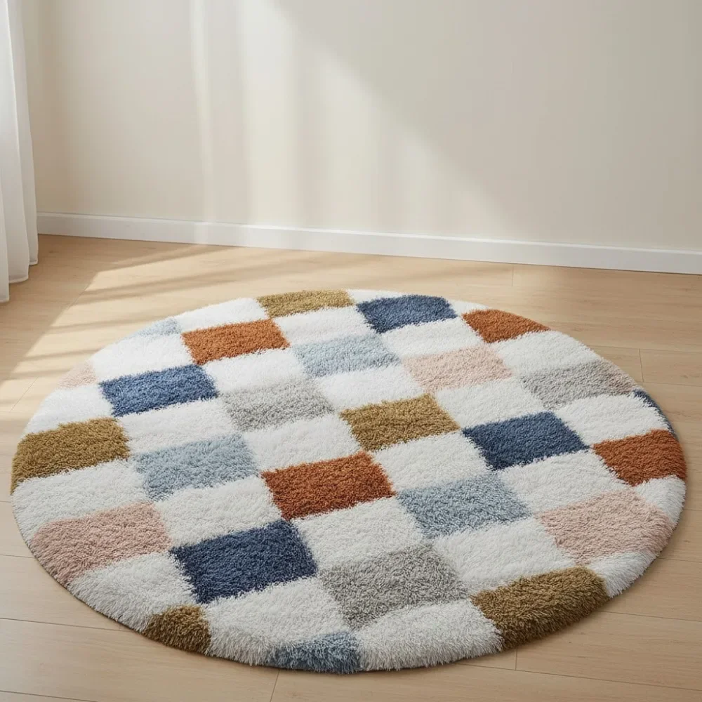 

Modern Rainbow Checkered Shag Rug 4x4, Ultra-Soft Washable Non-Slip Fuzzy Carpet for Living Room Bedroom Home Decor