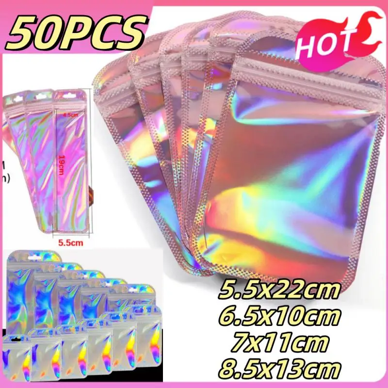 50pcs/lot Pink White Laser Ziplock Bags Reusable Plastic Transparent Bags For Jewelry Packaging Cosmetic Retail Display Bags