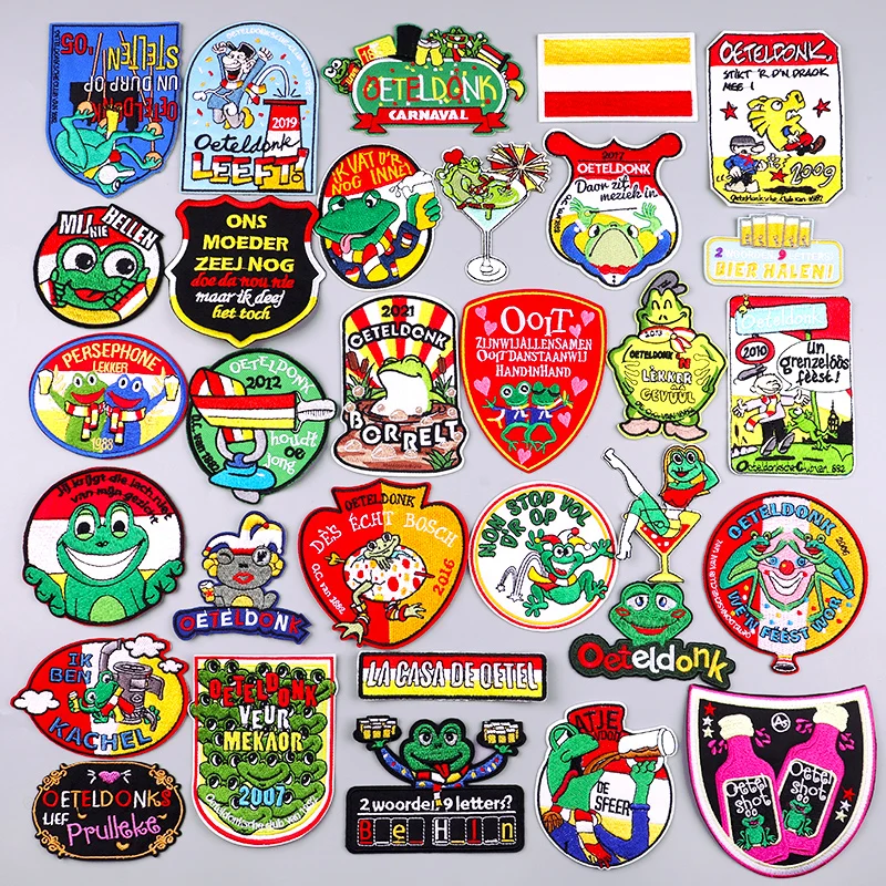Oeteldonk Emblem Stickerei Patches für Kleidung Karneval Frosch Eisen auf Patch für Kleidung Niederlande Dekoration schmelzbare Patches