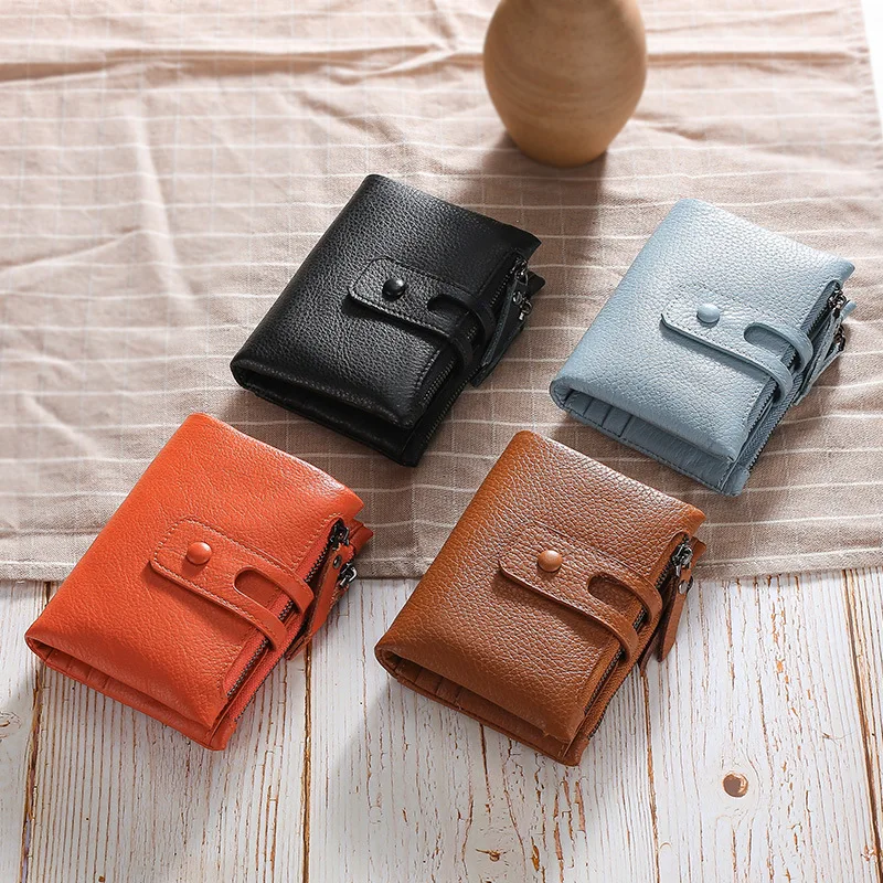 Ladies' short wallet, soft leather top layer cowhide anti-theft brush, double zipper multi-slot multi-functional wallet