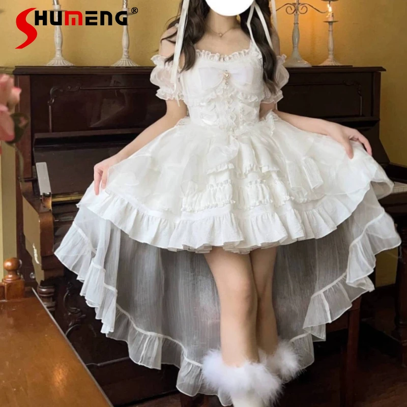 

Original Lolita Women Short Cake Slip Dress Set 2024 Summer New Fairy Girl Elegant Sling Dresses with Trailing and Oversleeves