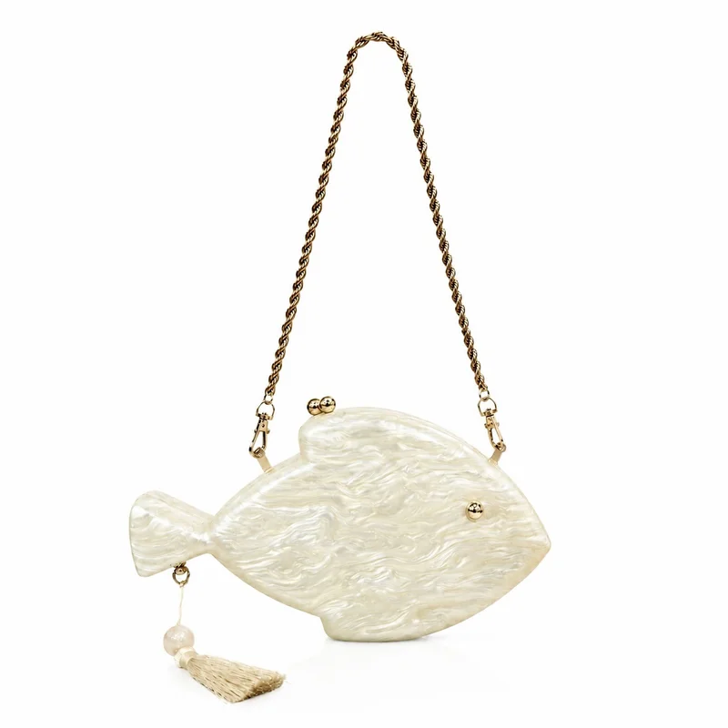 Sac de soirée en acrylique en forme de poisson avec chaîne à pompon, pochette bandoulière pour femme, fête, mariage, banquet
