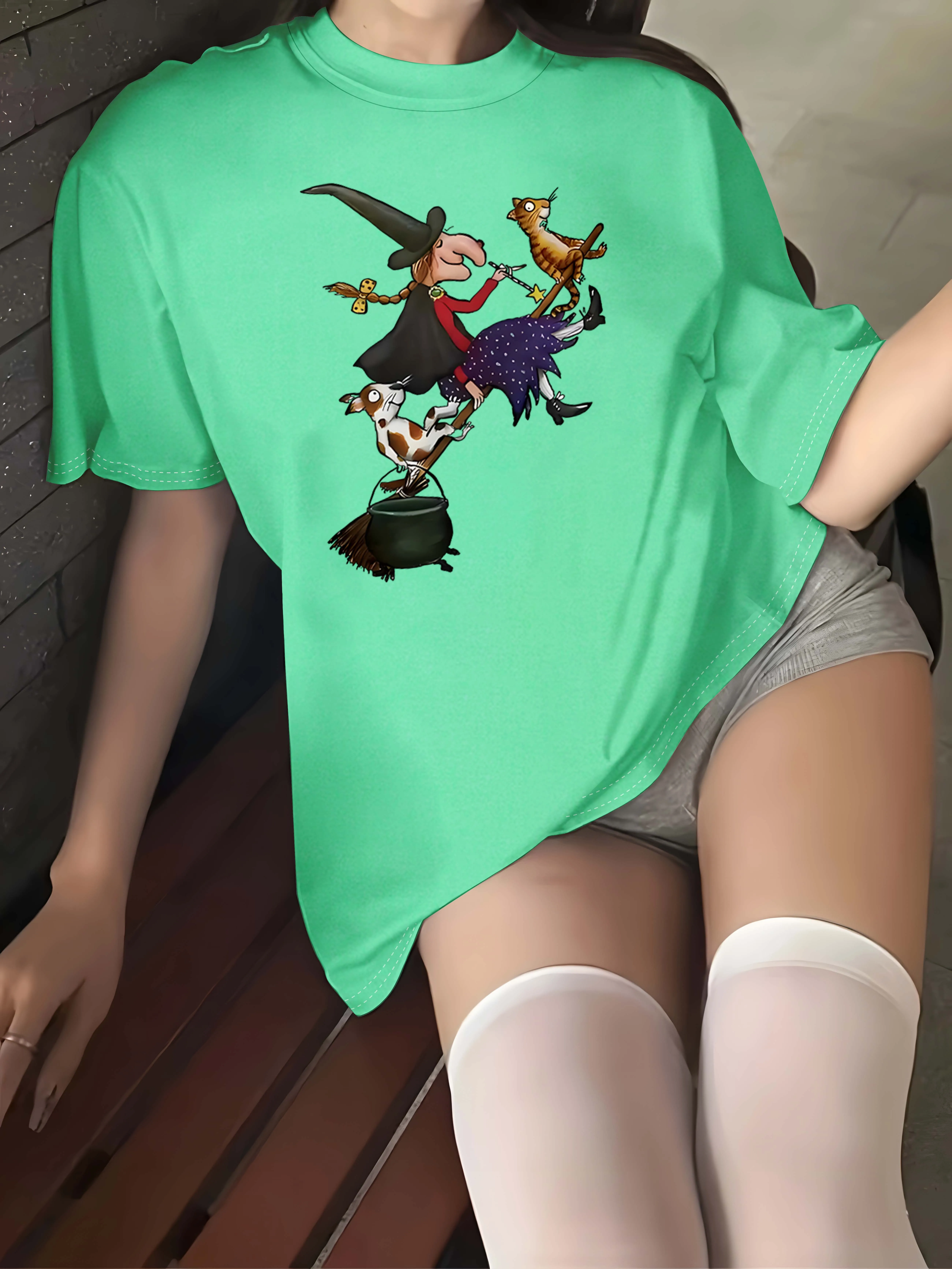 

Plus Size Enchanted Witchy Outfit Featuring Broomstick And Cute Animals