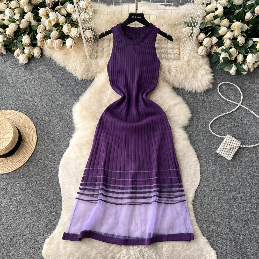 Fashion Patchwork Knitted Long Sundress Women Sleeveless Mesh Elastic Bodycon Dress 2024 Streetwear A Line Midi Dress