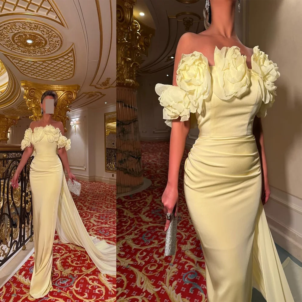 

Graceful Boat Collar Satin Formal Evening Dresses with Handmade Flowers Sheath Floor-Length Prom Party Gowns with Cape Custom