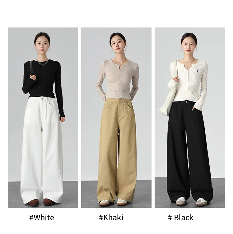 Hochgeschnittene Gerade Hose für Damen, Vintage-Stil mit Klappentasche, Gerade Weite Hose im Koreanischen Stil, Drapierendes Design, Schlankmachende Lange Hose – Detail 3