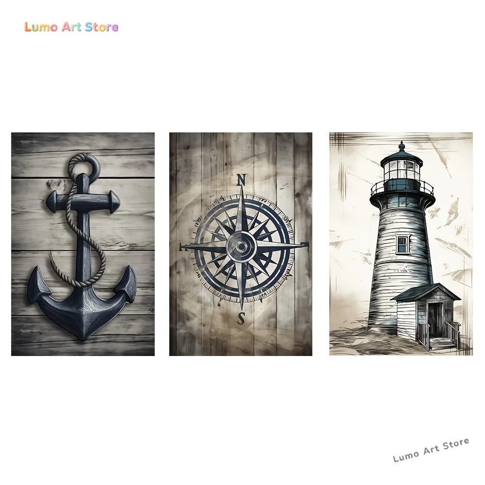 3pcs Nautical Canvas Wall Art Set - Retro Victorian Style Lighthouse, Anchor, Compass Prints - Frameless Transverse Orientati