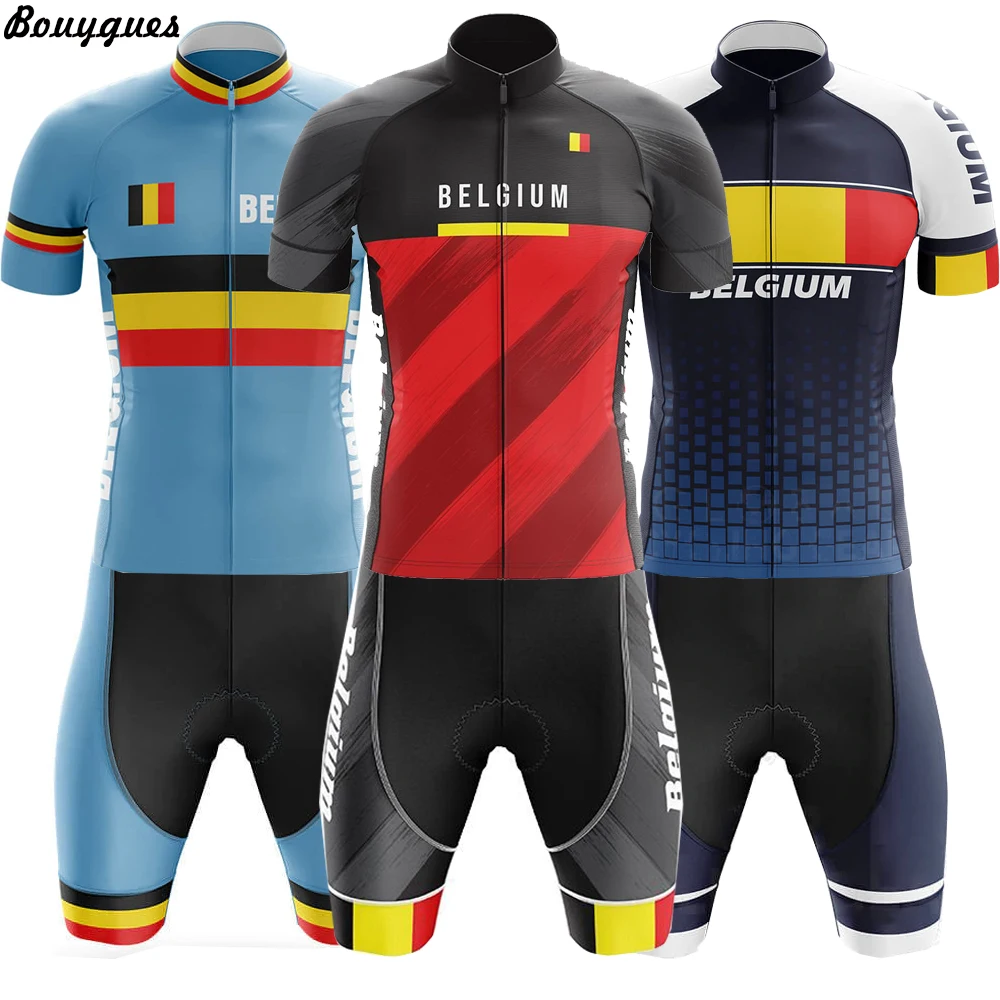 Maglia da ciclismo da uomo della squadra belga colore rosso e nero maglia da bicicletta traspirante antivento Set abbigliamento da bici sportivo