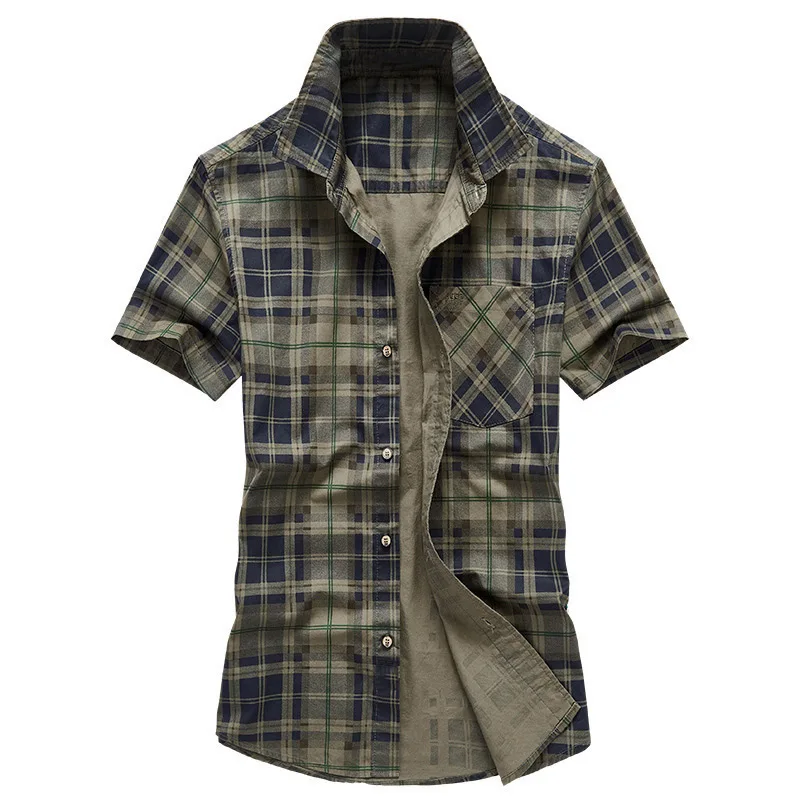 Summer Plaid Short Sleeve Male Shirt Men's Cotton Casual  Large Size Social Shirts Jackets Tactics Fashion High Quality Blouse 