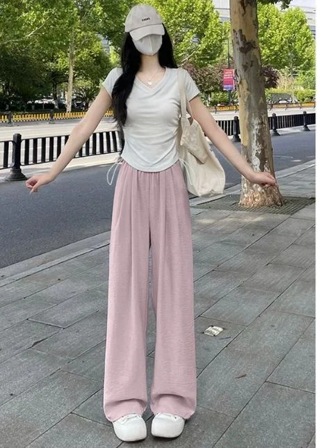 Pantaloni a gamba larga Lunghi da donna Primavera Pieghe in poliestere Cintura per giovani Urban Kpop Training Twill a vita alta Bunched Kinetic Chic