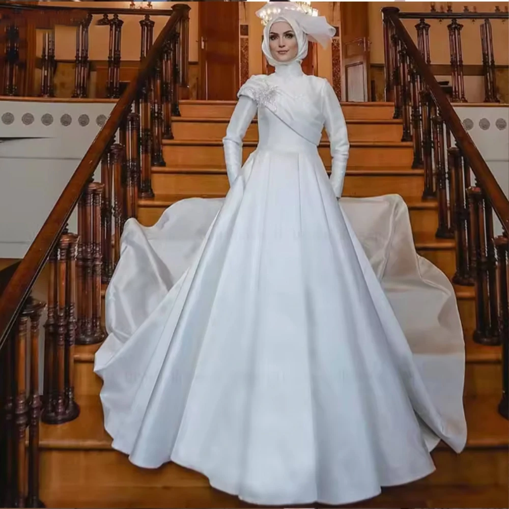 

Muslim Wedding Dresses High Collar Long Sleeve A-line Church Bride Dress with Appliques Bridal Gown robe de mariée Customized