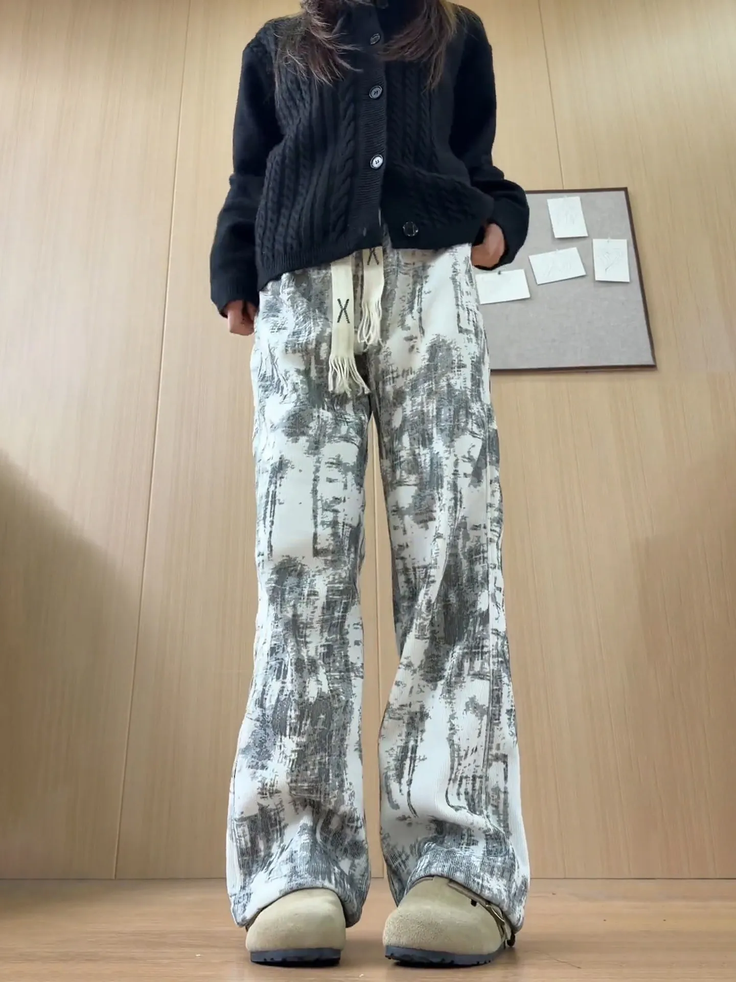 Winter Men's And Women's Corduroy Pants Tie-Dye Fleece Wide Leg Straight Cut Sports Casual Trousers Fashionable Polyester Fiber