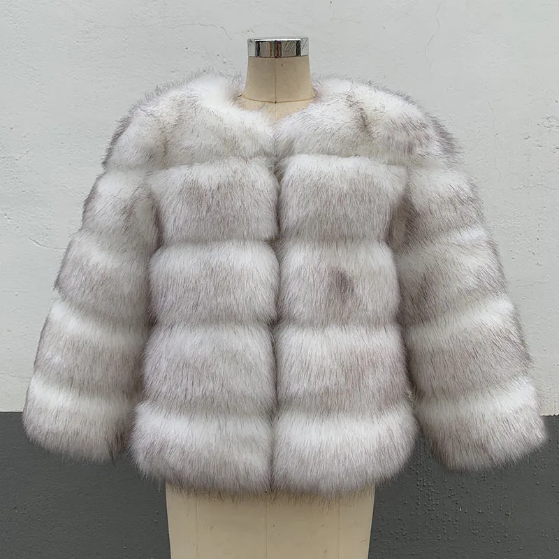 

Luxury Women Winter Faux Fox Fur Jacket Gradient Round Neck Spliced Female's Artificial Fur Coat Thick Warm Lady Mink Fur Coat