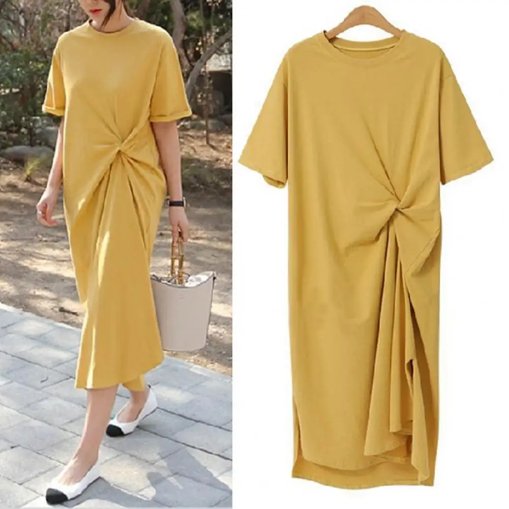 

Solid Color Dress Elegant Women's Summer Midi Long Dresses with O-neck Ruched Design for Casual Workwear Solid Color Side Split