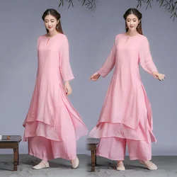 Pink Sweet Vintage Long Top Wide Leg Pants Suit Casual Loose Elegant Women Chinese Style Clothing Two Piece Set Zen Simple Solid